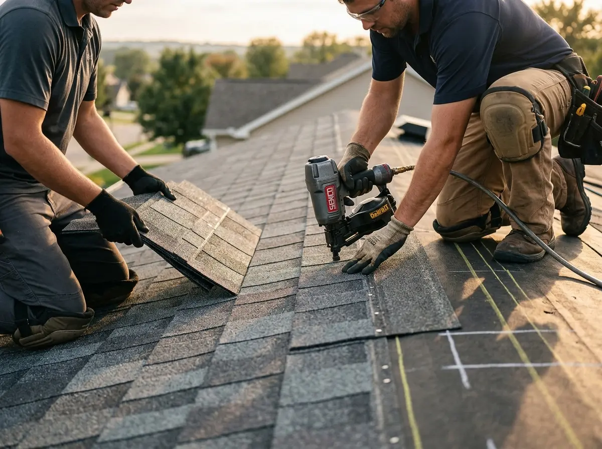 Professional roofer working on a residential roof in East Highland Park